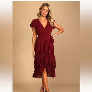 Lulu’s Have Harmony Burgundy Swiss Dot Ruffled Faux Wrap MIDI Dress